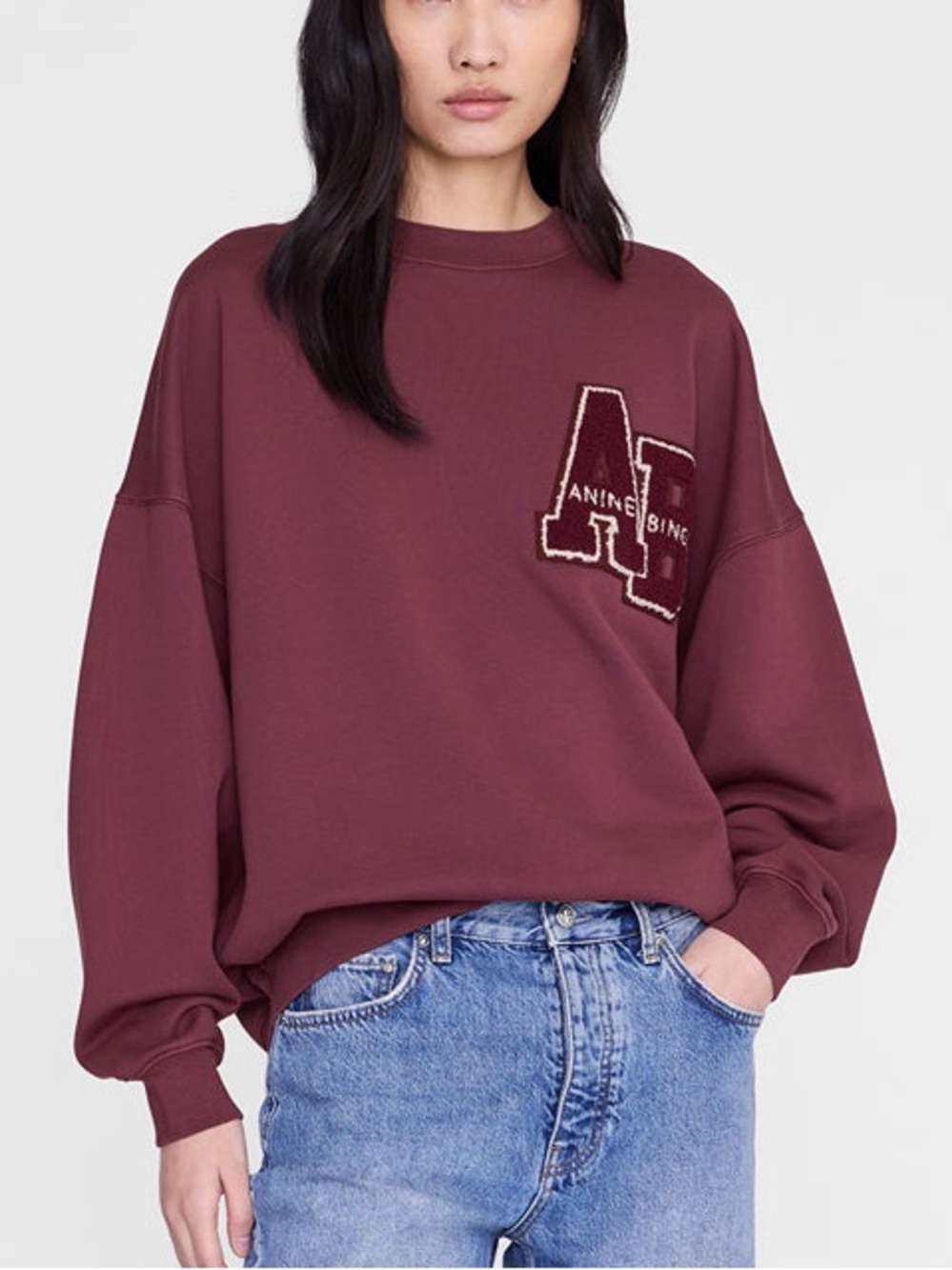 Anine Bing Miles Sweatshirt Letterman Fig/Burgundy Cotton Size Large Retail $240